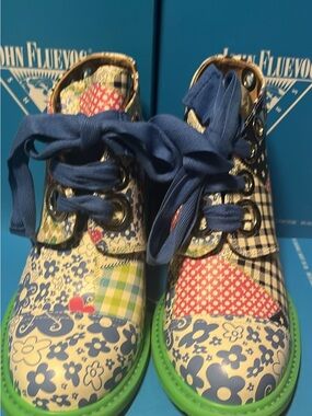 John Fluevog Women’s Floral Patchwork Lace-Up Boots in Blue and Green